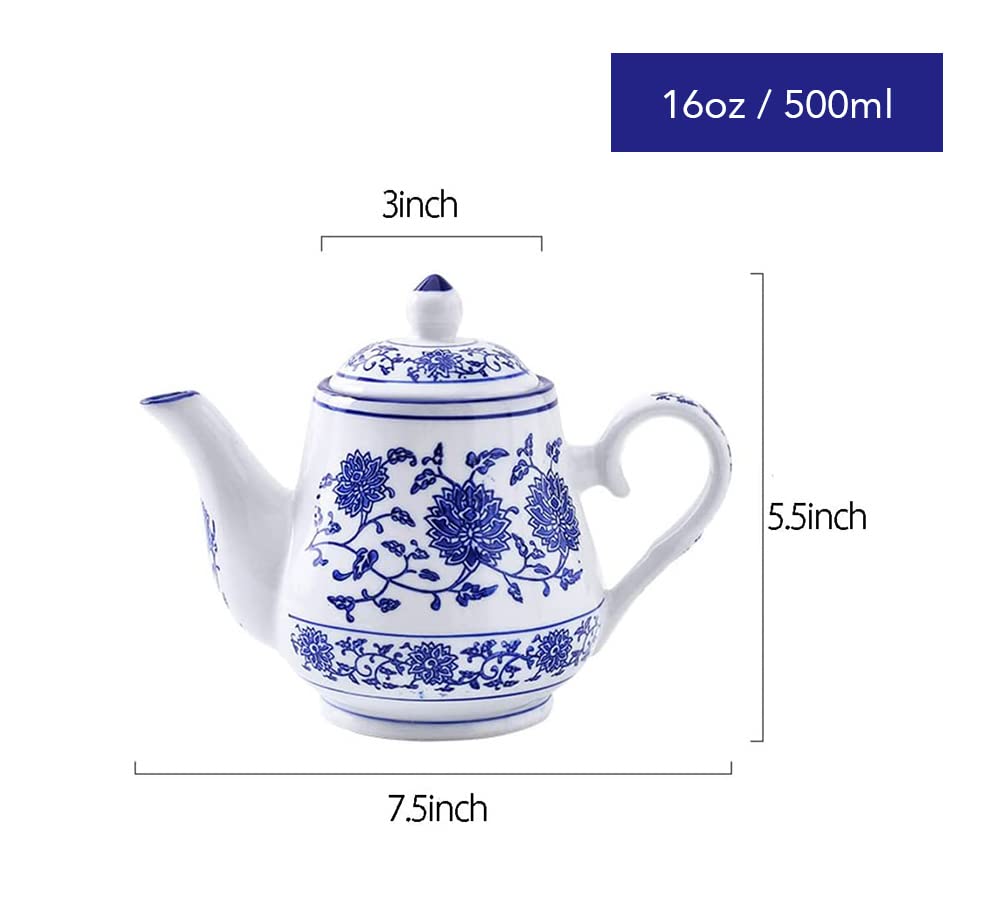 Théière en Porcelaine Bleue et Blanche - 500ml | Design Floral Rétro