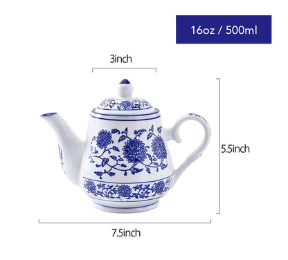 Théière en Porcelaine Bleue et Blanche - 500ml | Design Floral Rétro