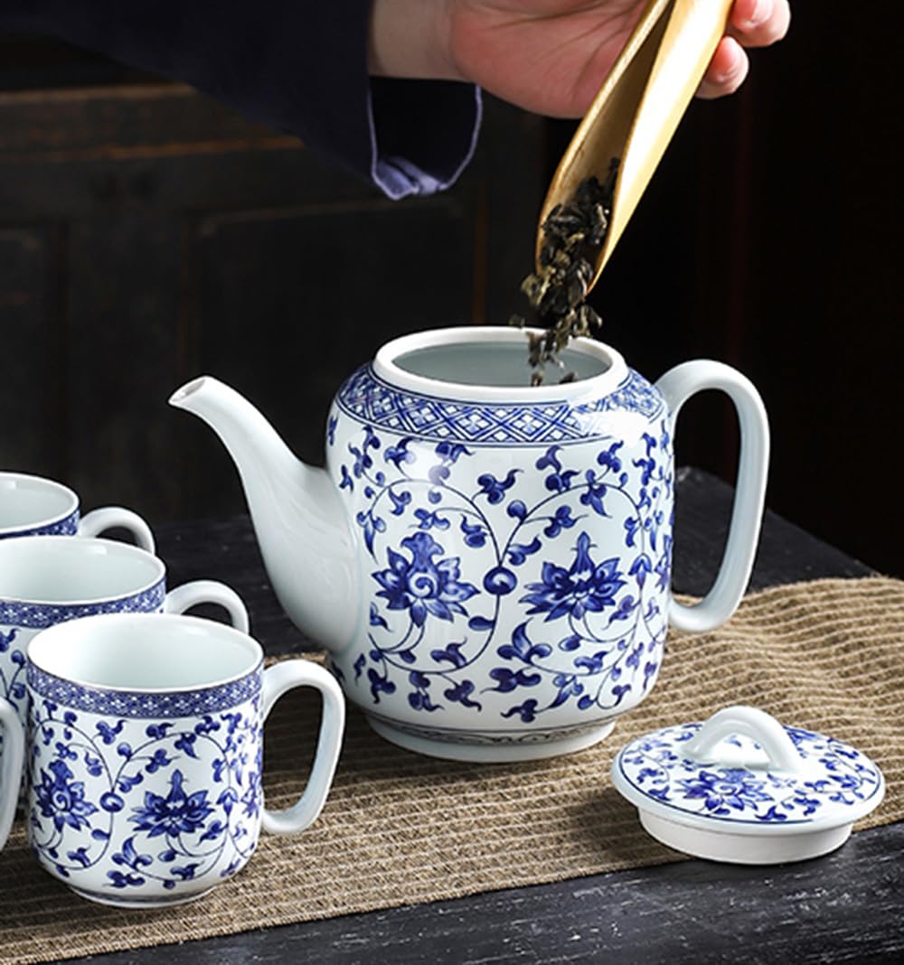 Théière en Porcelaine Bleue et Blanche - 28oz | Pour 3 à 4 Tasses
