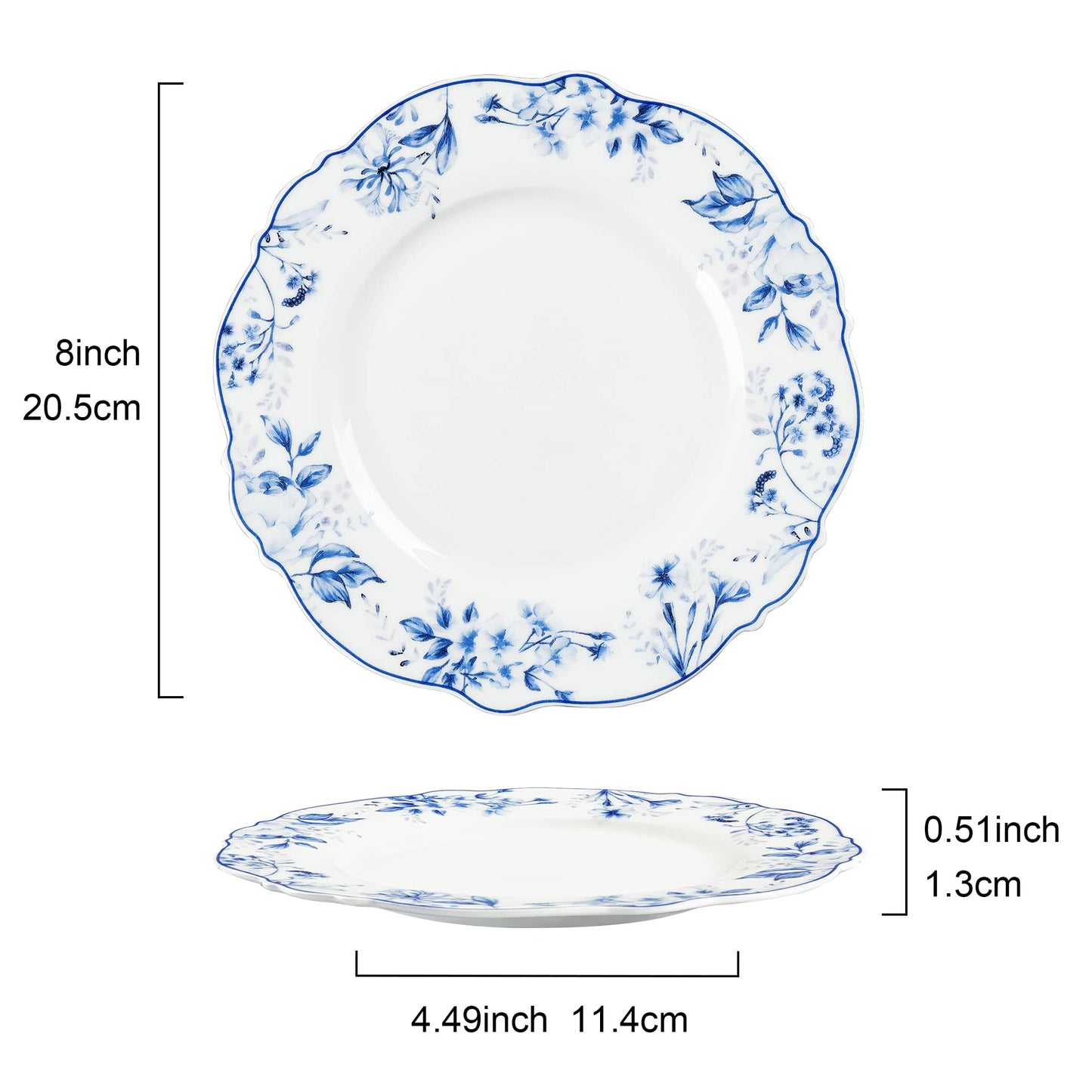 Assiettes en Porcelaine Florale Bleu Clair - Lot de 4 | 20,5cm