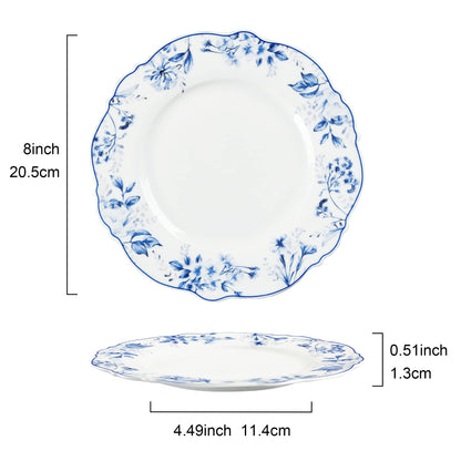Assiettes en Porcelaine Florale Bleu Clair - Lot de 4 | 20,5cm