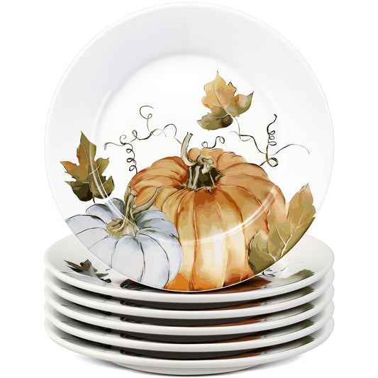 Assiettes en Céramique Automne - Lot de 6 | Motif Citrouille et Feuilles 15cm
