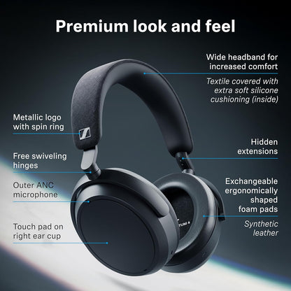 Sennheiser MOMENTUM 4 Wireless Noise Cancelling Headphones - Bluetooth Headset for Crystal-Clear Calls with Adaptive Noise Cancellation, Over-Ear Headphones, Up To 60HR Playtime, Folding Design, White