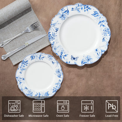 Assiettes en Porcelaine Florale Bleu Clair - Lot de 4 | 20,5cm