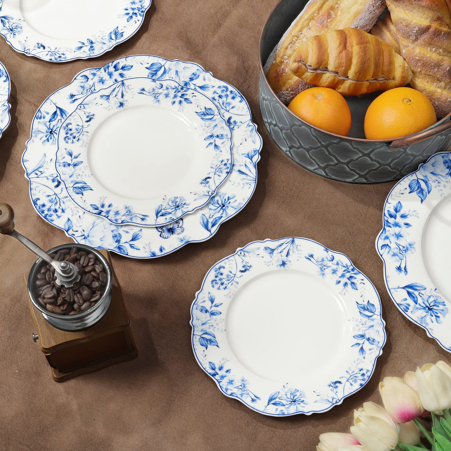 Assiettes en Porcelaine Florale Bleu Clair - Lot de 4 | 20,5cm