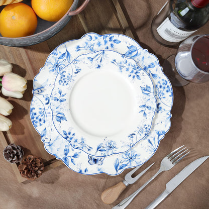 Assiettes en Porcelaine Florale Bleu Clair - Lot de 4 | 20,5cm